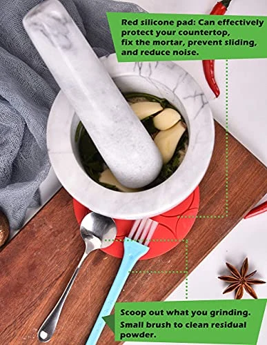 Mortar And Pestle Marble Set For Spices Pestos Seasonings Pastes Guacamole Bowl Herb Grinder Easy To Clean Included:Silicone Mat,Brush,Stainless Steel Spoon 4.33inch(Small,White Gray) 5 Mortar And Pestle Marble Set For Spices Pestos Seasonings Pastes Guacamole Bowl Herb Grinder Easy To Clean Included:Silicone Mat,Brush,Stainless Steel Spoon 4.33inch(Small,White Gray) - Image 5