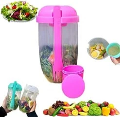 Keep Fit Salad Meal Shaker Cup,Fresh Salad Cup To Go,Portable Fruit And Vegetable Salad Cups Container With Fork & Salad Dressing Holder (Pink + Green) -Peugeot Shop 51bFs0nyTeL. AC