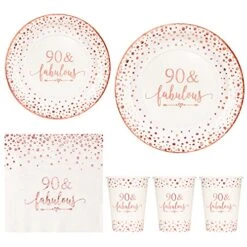 Rose Gold Foil 90 Fabulous Napkins Plates Cups Set For Women 90th Birthday Party Decorations Supplies, Disposable Tableware Set Of 24 (9" Plates, 7" Plates, Luncheon Napkins, 9oz Cups)