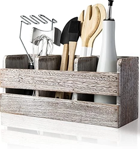 Farmhouse Utensil Organizer For Kitchen Countertop - Wooden Utensil Crock With 3 Large Storage Compartments & Hanging Option - Rustic Spatula Holder Caddy In Distressed White - Size 7 Farmhouse Utensil Organizer For Kitchen Countertop - Wooden Utensil Crock With 3 Large Storage Compartments & Hanging Option - Rustic Spatula Holder Caddy In Distressed White - Size - Image 7