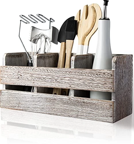 Farmhouse Utensil Organizer For Kitchen Countertop - Wooden Utensil Crock With 3 Large Storage Compartments & Hanging Option - Rustic Spatula Holder Caddy In Distressed White - Size 1 Farmhouse Utensil Organizer For Kitchen Countertop - Wooden Utensil Crock With 3 Large Storage Compartments & Hanging Option - Rustic Spatula Holder Caddy In Distressed White - Size