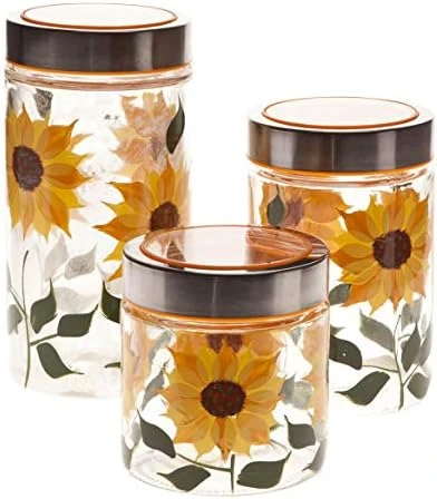 CUTIMAO Walter Drake Sunflower Canisters, Set Of 3 In Different Sizes, Clear Glass With Painted Design & Metal Lids 4 CUTIMAO Walter Drake Sunflower Canisters, Set Of 3 In Different Sizes, Clear Glass With Painted Design & Metal Lids - Image 4