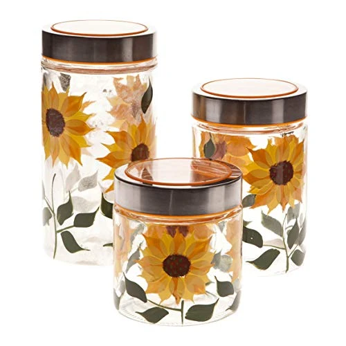 CUTIMAO Walter Drake Sunflower Canisters, Set Of 3 In Different Sizes, Clear Glass With Painted Design & Metal Lids 1 CUTIMAO Walter Drake Sunflower Canisters, Set Of 3 In Different Sizes, Clear Glass With Painted Design & Metal Lids