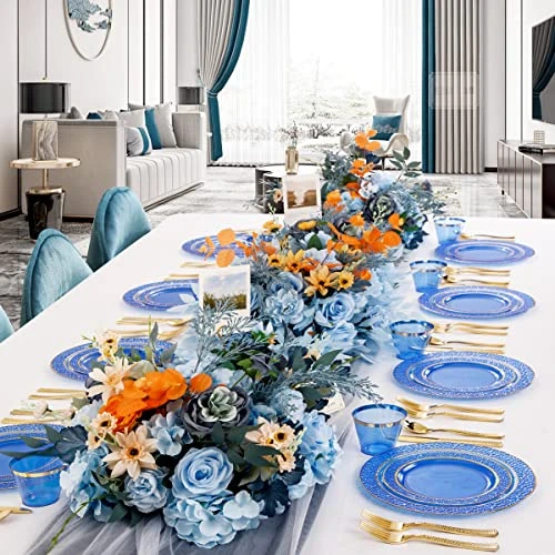 150PCS Clear Blue Plastic Plates & Gold Plastic Silverware - Disposable Gold Plastic Plates Include 50 Plates, 25Cups, 25Forks, 25Knives, 25Spoons For Party & Wedding & Graduation 4 150PCS Clear Blue Plastic Plates & Gold Plastic Silverware - Disposable Gold Plastic Plates Include 50 Plates, 25Cups, 25Forks, 25Knives, 25Spoons For Party & Wedding & Graduation - Image 4