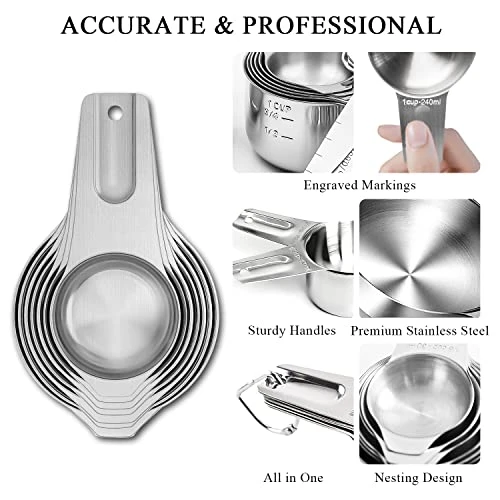 Stainless Steel Measuring Cups And Measuring Spoons Set With Magnetic Measurement Conversion Chart/Egg Separator/Level, Stackable Kitchen Gadgets Measure Tools For Liquid & Dry Measuring 2 Stainless Steel Measuring Cups And Measuring Spoons Set With Magnetic Measurement Conversion Chart/Egg Separator/Level, Stackable Kitchen Gadgets Measure Tools For Liquid & Dry Measuring - Image 2