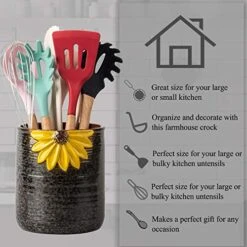 Tensil Crock, Kitchen Utensil Holder, Ceramic Utensil Holder For Countertop, Cooking Utensil Holder For Kitchen Sunflower Decor Large Kitchen Spatula Holder -Peugeot Shop 51c05DseG8L