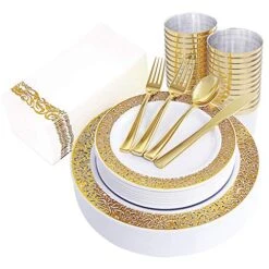 160pcs Gold Plastic Plates, Gold Silverware With Gold Napkins, Includes: 40Forks, 20Spoons, 20Knives, 20 Dinner Plates, 20 Dessert Plate，20 Plastic Cups 10oz, 20 Paper Napkins