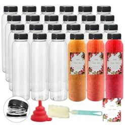 24 Pack 12OZ Plastic Juice Bottles With Caps, OAMCEG Juicer Juicing Bottles For Fridge, Reusable Smoothie Bottles, Empty Clear Bulk Beverage Containers With Black Tamper Evident Lids (Round, 12oz)