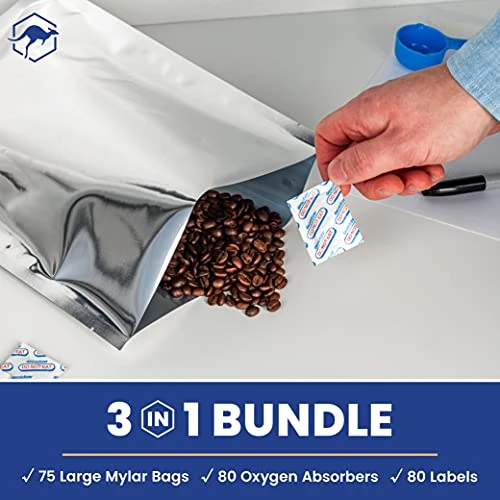 75x Wallaby 1-Gallon Mylar Bag Bundle - (5 Mil - 10" X 14") Mylar Bags, 80x 400cc Oxygen Absorbers, 80x Labels - Heat Sealable, Food Safe, & Reliable Long Term-Food Storage Solutions - Silver 3 75x Wallaby 1-Gallon Mylar Bag Bundle - (5 Mil - 10" X 14") Mylar Bags, 80x 400cc Oxygen Absorbers, 80x Labels - Heat Sealable, Food Safe, & Reliable Long Term-Food Storage Solutions - Silver - Image 3