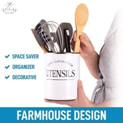 Large Utensil Crock Storage Organizer - Kitchen Utensil Holder For Countertop With Padded Base - Large Utensil Holder With Rustic Farmhouse Design For Home & Kitchen Decor (White) -Peugeot Shop 51d0eeHucvL
