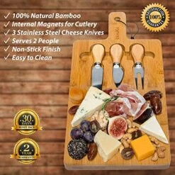 ® Bamboo Cheese Board And Knife Set 12x8 Inch - Wood Cheese Cutting Board, Serving Tray Platter, Charcuterie Board Set, Magnetic Cheese Knives