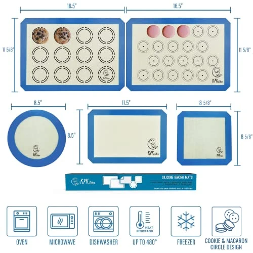 Silicone Baking Mat Set Of 5-2 Half Sheets (Macaron & Cookie Circle On Mat) + 1 Quarter + 1 Round & 1 Square Size Silicone Baking Sheet - Nonstick & Easy To Clean - 100% Silicone Mats For Baking 2 Silicone Baking Mat Set Of 5-2 Half Sheets (Macaron & Cookie Circle On Mat) + 1 Quarter + 1 Round & 1 Square Size Silicone Baking Sheet - Nonstick & Easy To Clean - 100% Silicone Mats For Baking - Image 2