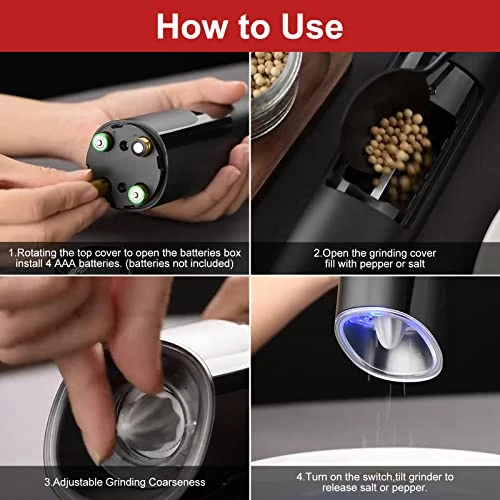 Gravity Electric Salt Or Pepper Grinder, Battery Operated Automatic Pepper Mill With LED Light, Adjustable Coarseness (Black-1 Pack) 3 Gravity Electric Salt Or Pepper Grinder, Battery Operated Automatic Pepper Mill With LED Light, Adjustable Coarseness (Black-1 Pack) - Image 3