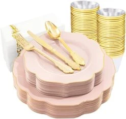 175PCS Pink Plastic Plates With Gold Disposable Silverware-Include 50 Plates 25Knives 25Forks 25Spoons 25Cups And 25Napkins-Ideal For Wedding, Party, Shower&Mother’s Day -Peugeot Shop 51dM9CdWPaL. AC