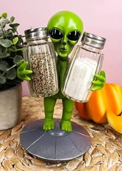 UFO Outer Space Colony Extra Terrestrial Roswell Alien On Flying Saucer Spaceship Salt And Pepper Shakers Holder Statue 7"Tall For Kitchen Decor Event Hosting Chef Hobbyist (Green)