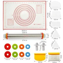 Rolling Pin With Adjustable Thickness Rings Stainless Steel 17.5" Dough Roller, 24"x16" Nonstick Silicone Pastry Mat Bench Dough Scraper Pizza Cutter Cake Smoothers Set For Baking Cookie Fondant Pie -Peugeot Shop 51dfUbXehXL