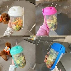 Keep Fit Salad Meal Shaker Cup,Fresh Salad Cup To Go,Portable Fruit And Vegetable Salad Cups Container With Fork & Salad Dressing Holder (Pink + Green) -Peugeot Shop 51dmD6H8i6L
