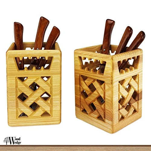 , Premium Utensil Holder 2 Set In Rustic Wood For Farmhouse Kitchen Decor, Countertop Organizer And Cooking Tools Storage, 100% Ash Wood 3 , Premium Utensil Holder 2 Set In Rustic Wood For Farmhouse Kitchen Decor, Countertop Organizer And Cooking Tools Storage, 100% Ash Wood - Image 3