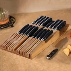 Bamboo In-Drawer Knife Block Set For 16 Knives(Not Included), Large Kitchen Detachable Washable Cutlery Slot Organizer Storage Holder For Sharpening Steel And Cutter -Peugeot Shop 51eGF9O0WxS