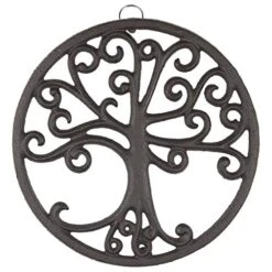 , Trivet For Hot Dishes, Pots And Pans, Metal Trivet, Tree Of Life Design, Cast Iron, Rubber Feet Caps, Ring Hanger, 8 Inches, Brown Finish, 1 Unit
