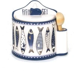 Fleur De Sel Fish Design Ceramic Salt Box With Wooden Spoon