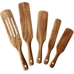 Wooden Cooking Utensils, NAYAHOSE 5 Pcs Natural Teak Kitchen Utensil Set Heat Resistant Non Stick Wood Cookware With Hanging Hole, Slotted Spurtle Spatula Sets For Stirring, Mixing, Serving