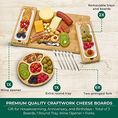 Bamboo Cheese Board Set - Charcuterie Boards Serving Platter - Magnetic Removable Side Boards - Gift For Housewarming, Anniversary, And Birthdays - Total Of 3 Boards, 1 Round Tray, Wine Opener + Forks 4 Bamboo Cheese Board Set - Charcuterie Boards Serving Platter - Magnetic Removable Side Boards - Gift For Housewarming, Anniversary, And Birthdays - Total Of 3 Boards, 1 Round Tray, Wine Opener + Forks - Image 4