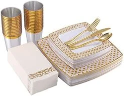 175 Piece Rose Gold Dinnerware Set 25 Guest-50 Square Plastic Plates-25 Rose Gold Plastic Silverware-25 Plastic Cups-25 Linen Like Rose Gold Paper Napkins, FOCUSLINE Disposable Dinnerware Set -Peugeot Shop 51f1fwXnTWL. AC