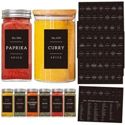 Kitchen 133 Minimalist Spice Jar Labels Preprinted Set - White Text On Black Glossy Finish Vinyl Waterproof Spice Sticker - Fit Round Square Glass Seasoning Spice Jars Organization And Storage