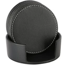 Set Of 6 Leather Drink Coasters Round Cup Mat Pad For Home And Kitchen Use Black, 3.94"