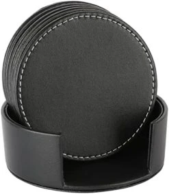 Set Of 6 Leather Drink Coasters Round Cup Mat Pad For Home And Kitchen Use Black, 3.94" -Peugeot Shop 51fdiKd9H2L. AC