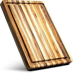 Large Thick Teak Wood Cutting Board [Edge Grain, 20" X 15" X 1.5"] Juice Groove, Hand Grips, Reversible | Lifetime Replacement Teak Cutting Board For Kitchen (20x15x1.5 Inches)