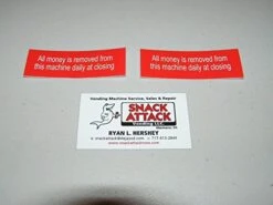 Snack Or SODA Vending Machine (2) Decals"All Money Is Removed From This Machine"