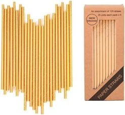 125 PCS Gold Striped Paper Straws Metallic Drinking Decoration 100% Biodegradable - Boxed 5 Individual Packs Of 25 Units -Peugeot Shop 51gGz61ySmL. AC