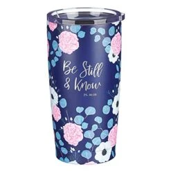 Stainless Steel Double-Wall Vacuum Insulated Travel Mug Tumbler With Lid For Women: Be Still & Know - Psalm 46:10 Inspirational Bible Verse, Hot/Cold, Navy/Pink Floral, 18 Oz.