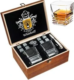 𝗕𝗘𝗦𝗧 𝗚𝗜𝗙𝗧: Whiskey Rocks Glasses Gift Set - Heavy Base Crystal Glass For Scotch Bourbon Drinker - Whisky Chilling Stones In Wooden Gift Box - Burbon Gift Set For Men Idea