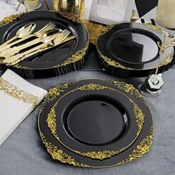 350pcs Black And Gold Plastic Plates With Gold Plastic Silverware For Weddings&Parties Served For 50Guests Include 50Dinner Plates 50Dessert Plates 50 Rolled Napkins With Gold Cutlery 50Cups -Peugeot Shop 51iBEp8NJ8S