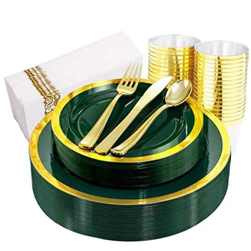 175PCS Green Plastic Plates - Emerald Green Party Plates - Disposable Gold Plastic Plates Include 50Plates, 25Knives, 25Forks, 25Spoons, 25Cups, 25Napkins For Party & St Patrick's Day 1 175PCS Green Plastic Plates - Emerald Green Party Plates - Disposable Gold Plastic Plates Include 50Plates, 25Knives, 25Forks, 25Spoons, 25Cups, 25Napkins For Party & St Patrick's Day