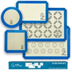 Silicone Baking Mat Set Of 5-2 Half Sheets (Macaron & Cookie Circle On Mat) + 1 Quarter + 1 Round & 1 Square Size Silicone Baking Sheet - Nonstick & Easy To Clean - 100% Silicone Mats For Baking