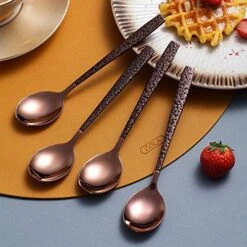 Tea Spoon Set Of 4 With Moon Surface Handle And Shiny Rose Gold Head, Stainless Steel Teaspoons Tea Spoons Copper Silverware Set Small Spoons Coffee Spoons 10 Tea Spoon Set Of 4 With Moon Surface Handle And Shiny Rose Gold Head, Stainless Steel Teaspoons Tea Spoons Copper Silverware Set Small Spoons Coffee Spoons -Peugeot Shop 51iNxDqqWgL