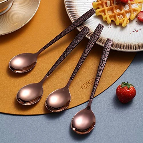 Tea Spoon Set Of 4 With Moon Surface Handle And Shiny Rose Gold Head, Stainless Steel Teaspoons Tea Spoons Copper Silverware Set Small Spoons Coffee Spoons 3 Tea Spoon Set Of 4 With Moon Surface Handle And Shiny Rose Gold Head, Stainless Steel Teaspoons Tea Spoons Copper Silverware Set Small Spoons Coffee Spoons - Image 3