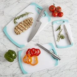 Non Slip Plastic Cutting Board Set With Juice Grooves, Set Of 3, White And Aqua -Peugeot Shop 51iUFGXEp9L