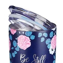 Stainless Steel Double-Wall Vacuum Insulated Travel Mug Tumbler With Lid For Women: Be Still & Know - Psalm 46:10 Inspirational Bible Verse, Hot/Cold, Navy/Pink Floral, 18 Oz. -Peugeot Shop 51iYRhUdaqL