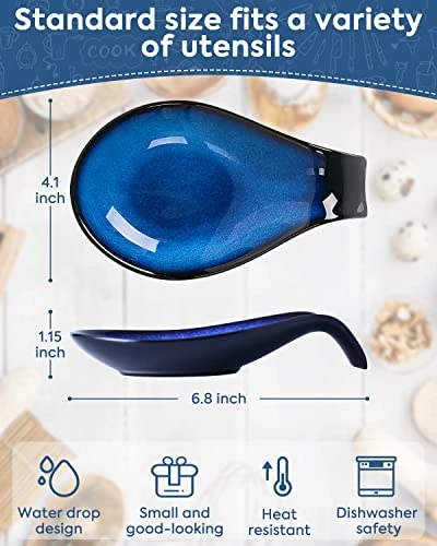 Ceramic Spoon Rest, Spoon Rest For Kitchen Counter, Spoon Holder For Stove Top, Coffee Cooking Farmhouse 4inch, Blue 2 Ceramic Spoon Rest, Spoon Rest For Kitchen Counter, Spoon Holder For Stove Top, Coffee Cooking Farmhouse 4inch, Blue - Image 2