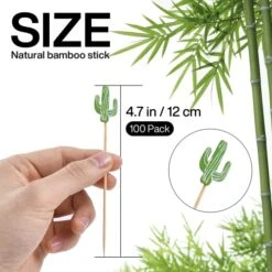 Cocktail Picks Handmade Bamboo Toothpicks 100pcs 4.7” In Green Cacti
