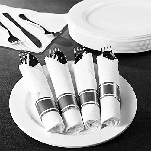 Pre-Rolled Napkin And Cutlery Set - White Napkins And Silver Heavy-Weight Plastic Silverware With Napkin Band Set - 30-Pack 5 Pre-Rolled Napkin And Cutlery Set - White Napkins And Silver Heavy-Weight Plastic Silverware With Napkin Band Set - 30-Pack - Image 5