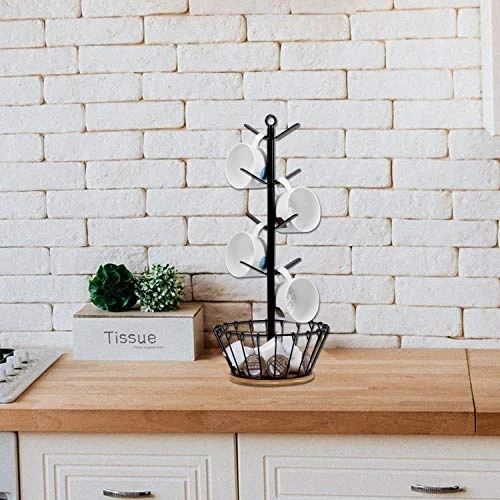 Drying Storage Rack Holder Home Storage Mug Hooks Multipurpose Display Stand Metal Tree Shape Mug Coffee Cups Stand With 8 Hooks-Bamboo Base With Coffee Basket 2 Drying Storage Rack Holder Home Storage Mug Hooks Multipurpose Display Stand Metal Tree Shape Mug Coffee Cups Stand With 8 Hooks-Bamboo Base With Coffee Basket - Image 2