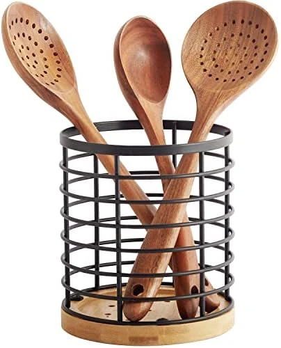 Utensil Holder For Kitchen Counter - 5.2" X 5.2" X 6" Large Round Utensils Holder With Wooden Base Matte Black Cooking Utensil Holder,Kitchen Countertop Utensil Organizer (Metal+Bamboo) 5 Utensil Holder For Kitchen Counter - 5.2" X 5.2" X 6" Large Round Utensils Holder With Wooden Base Matte Black Cooking Utensil Holder,Kitchen Countertop Utensil Organizer (Metal+Bamboo) - Image 5