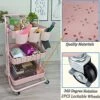 Freletry 3 Tier Utility Rolling Cart Storage Organizer Shelf Rack With 3PCS Hanging Cups + 8PCS Hooks + 2PCS Storage Box For Home Office Kitchen Bathroom Storage (Pink 3 Cup+8 Hook+2 Storage Box)