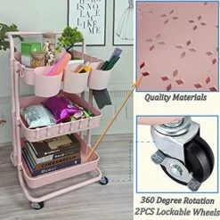 Freletry 3 Tier Utility Rolling Cart Storage Organizer Shelf Rack With 3PCS Hanging Cups + 8PCS Hooks + 2PCS Storage Box For Home Office Kitchen Bathroom Storage (Pink 3 Cup+8 Hook+2 Storage Box)